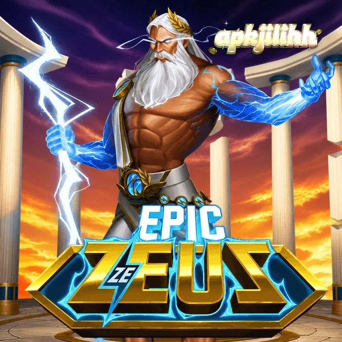 Tampilan grid 6x5 dalam permainan slot Epic Ze Zeus dengan efek visual petir dan koin emas.
